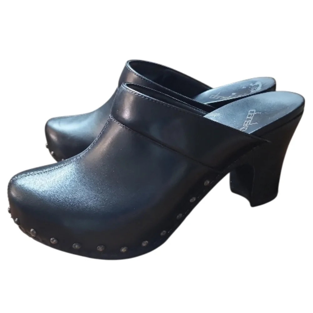 DANSKO | Rae Black Leather Heeled Clogs Studded Mules | EU 38 (US 7.5 -8) - Picture 2 of 10